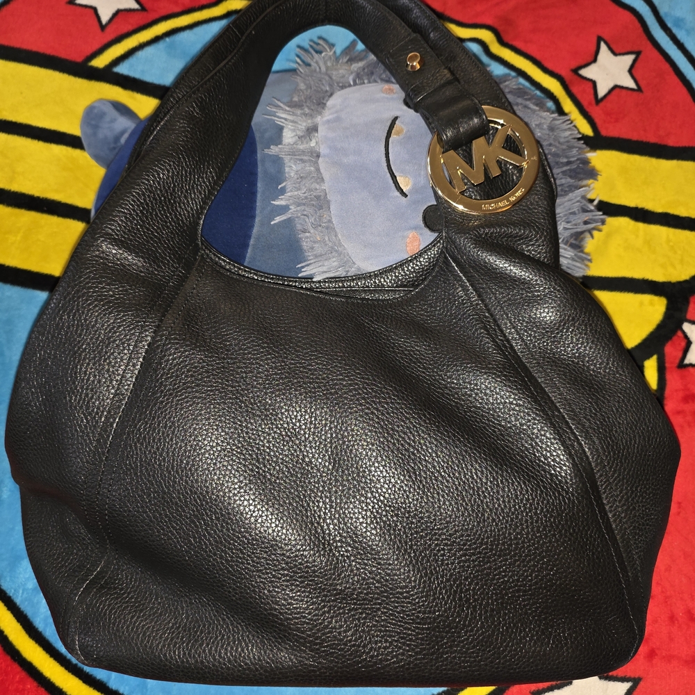 Michael Kors Black Leather Hobo Bag with MK Charm